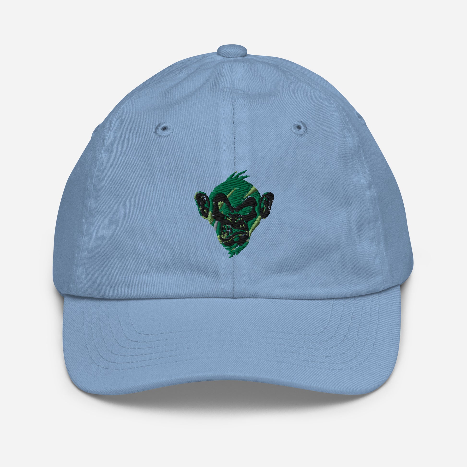 Baby blue baseball cap foor Youth with print of a Cool monkey in black light green