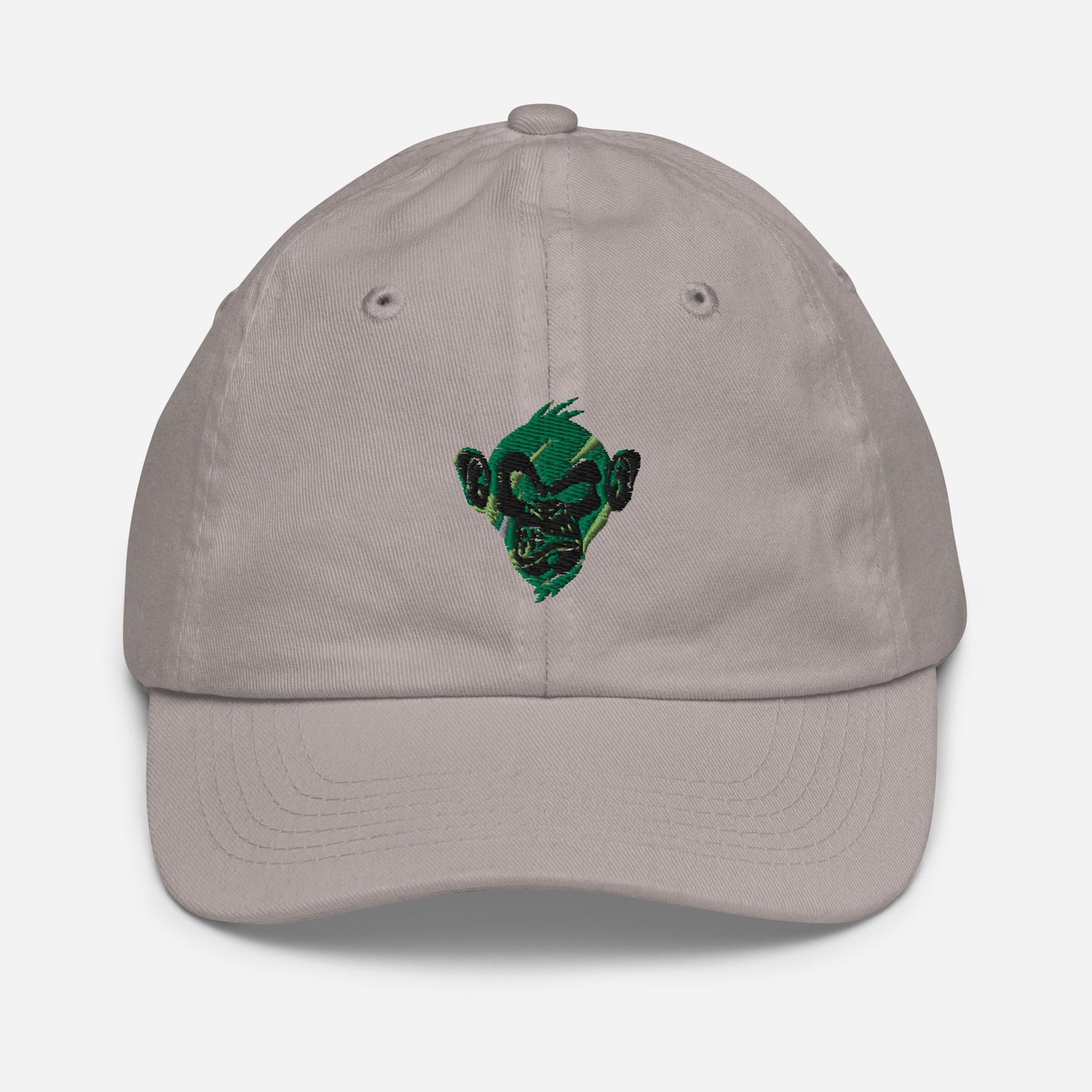 Grey baseball cap foor Youth with print of a Cool monkey in black light green