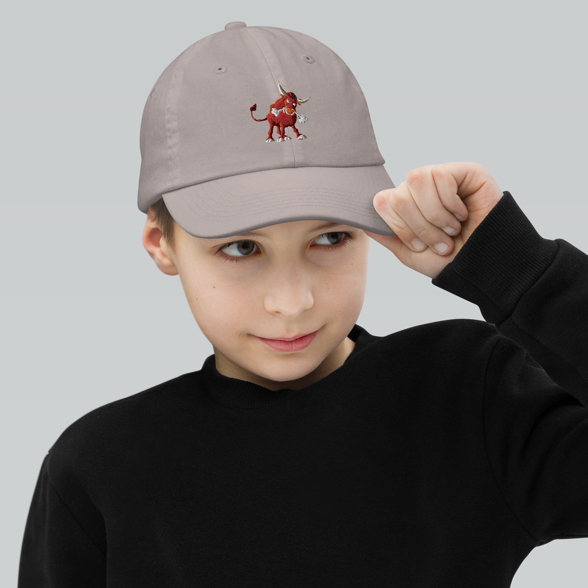 grey kids baseball cap with bull