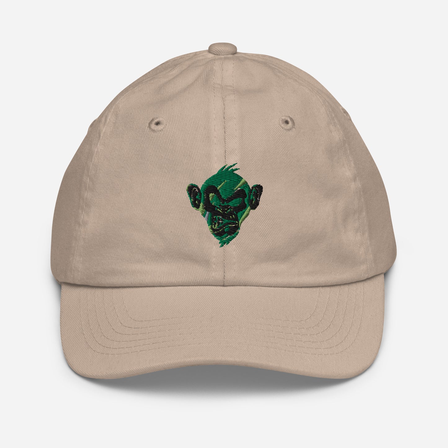 Khaki baseball cap foor Youth with print of a Cool monkey in black light green