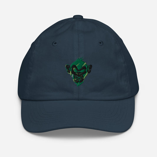 Navy baseball cap foor Youth with print of a Cool monkey in black light green