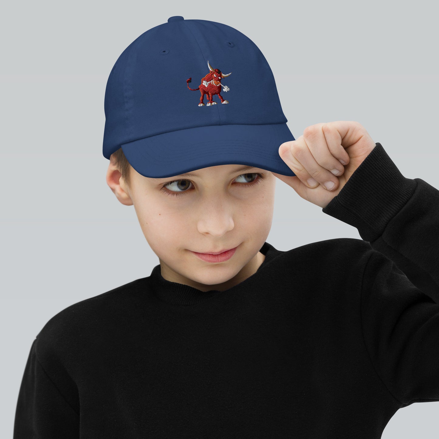 royal blue kids baseball cap with bull