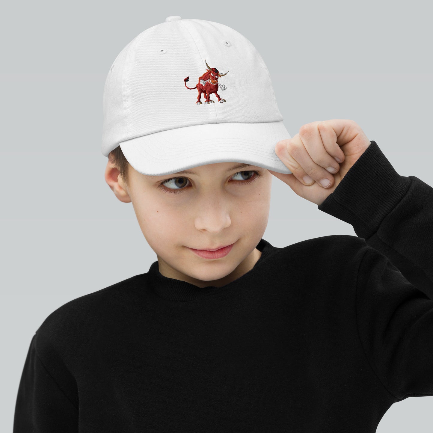 white kids baseball cap with bull