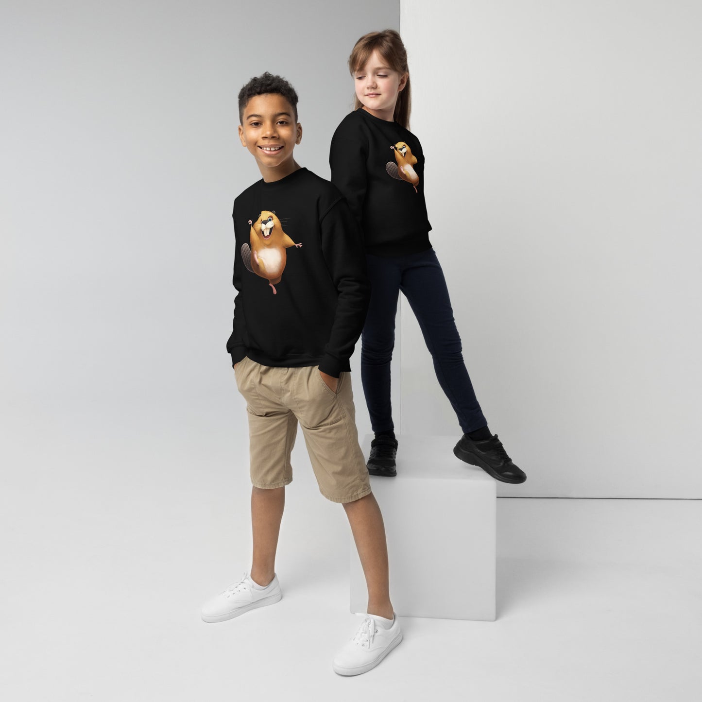 Youth (girl and boy) with black sweatshirt with happy beaver