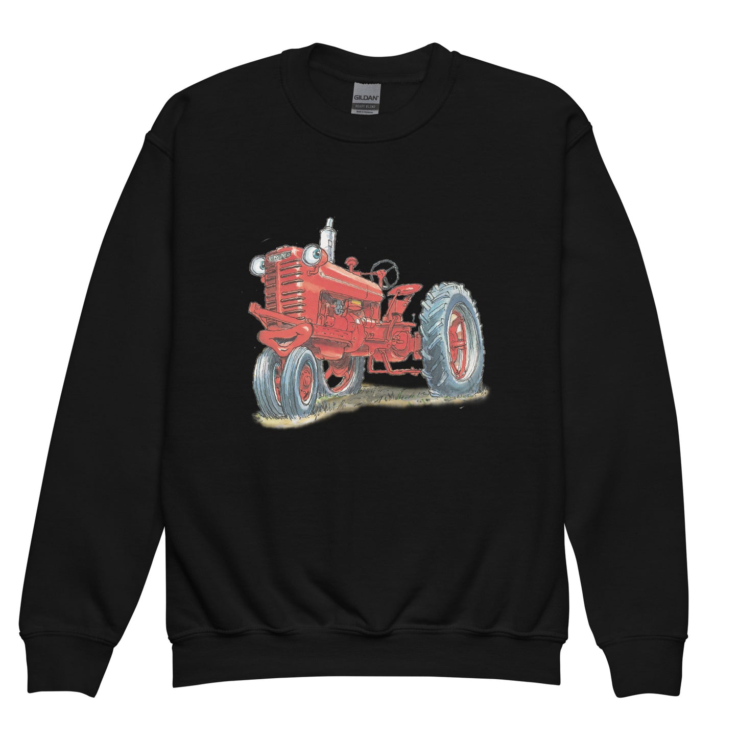 Youth black sweatshirt with a print of a red tractor