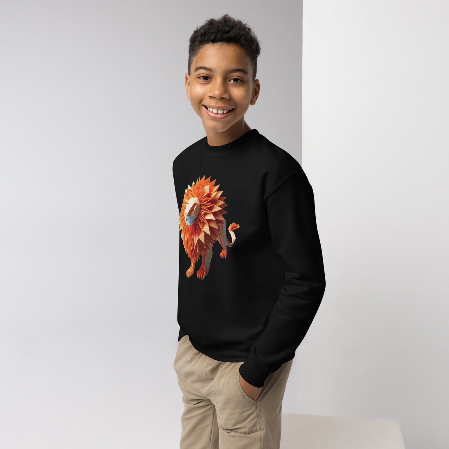 Youth with black Sweater with print of a lion
