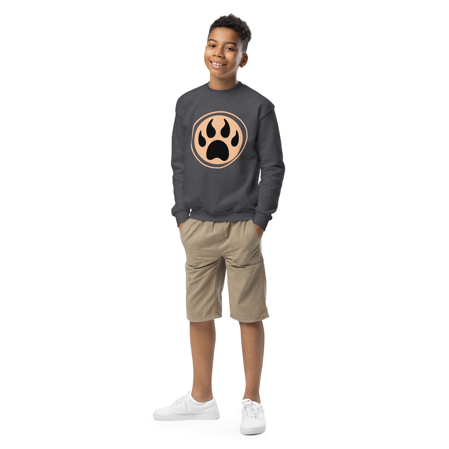 Youth with dark heather sweatshirt and a print of a wolf claw