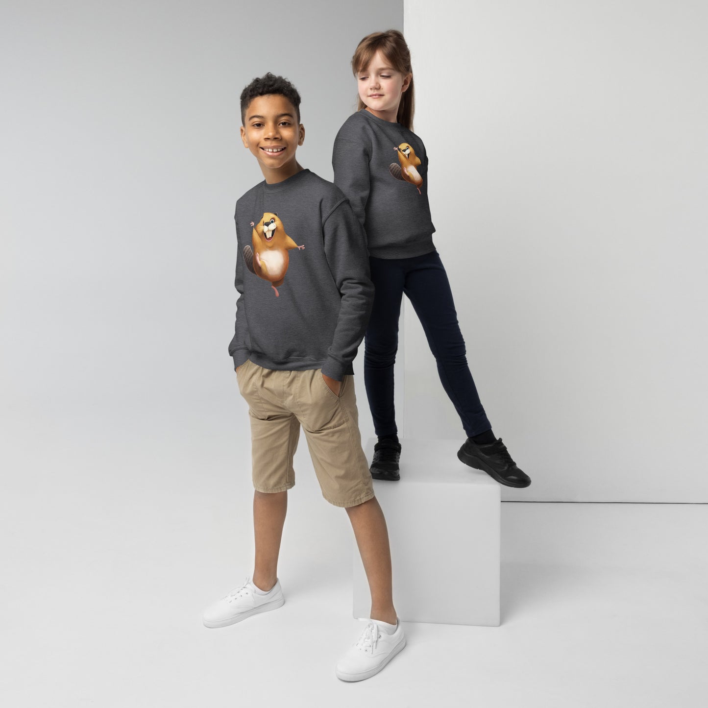 Youth (girl and boy) with dark grey sweatshirt with happy beaver