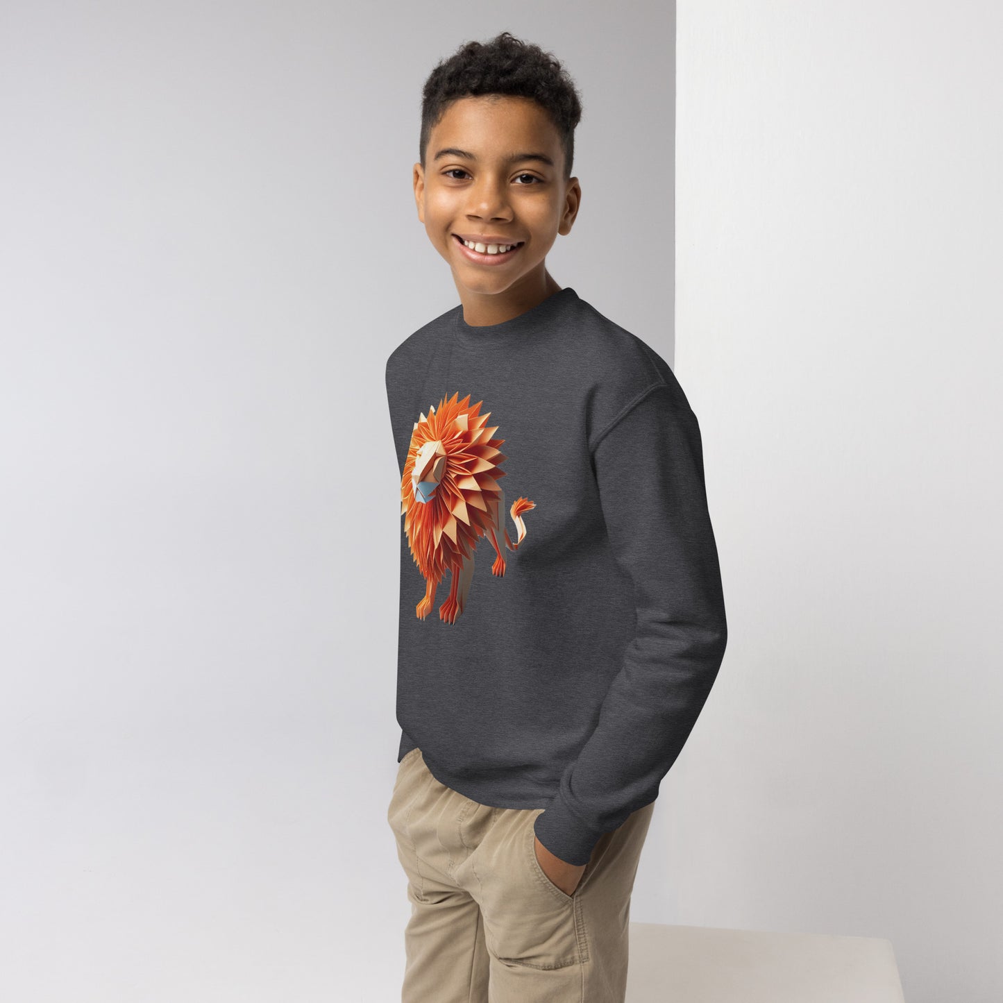 Youth with dark grey Sweater with print of a lion