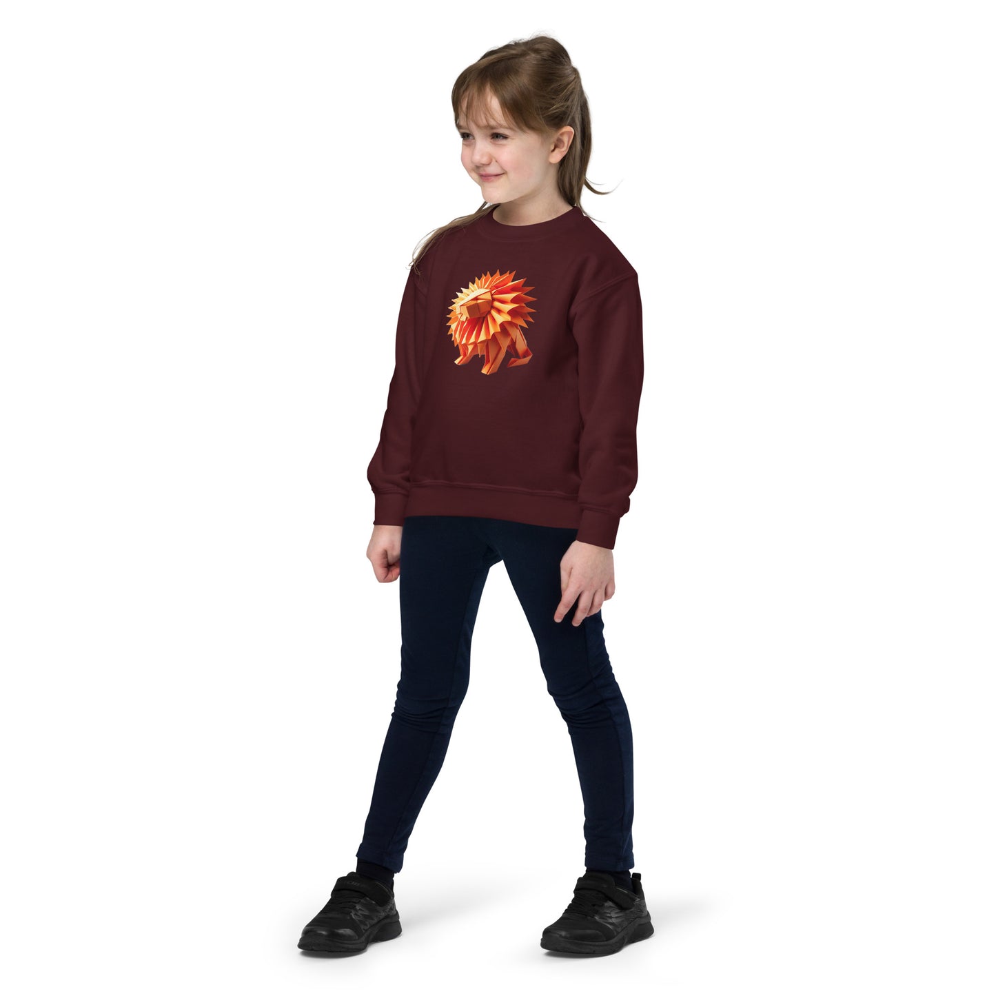 Youth with maroon sweater with print of a lion