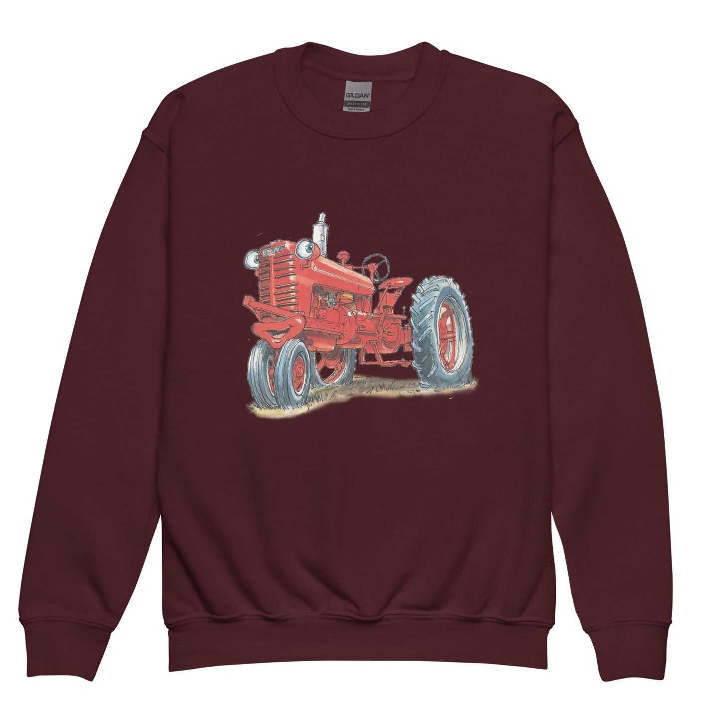 Youth maroon sweatshirt with a print of a red tractor