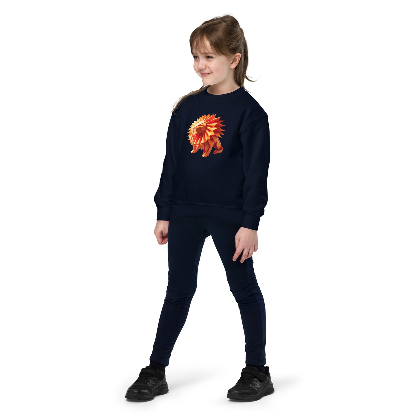 Youth with navy sweater with print of a lion