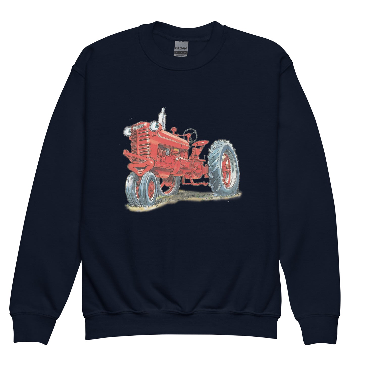 Youth navy sweatshirt with a print of a red tractor