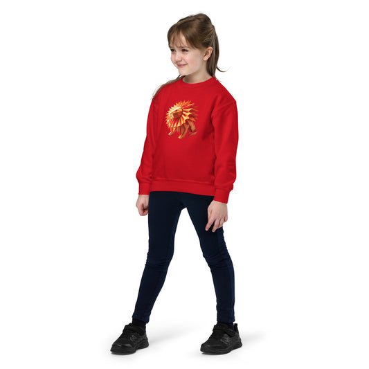 Youth with red sweater with print of a lion