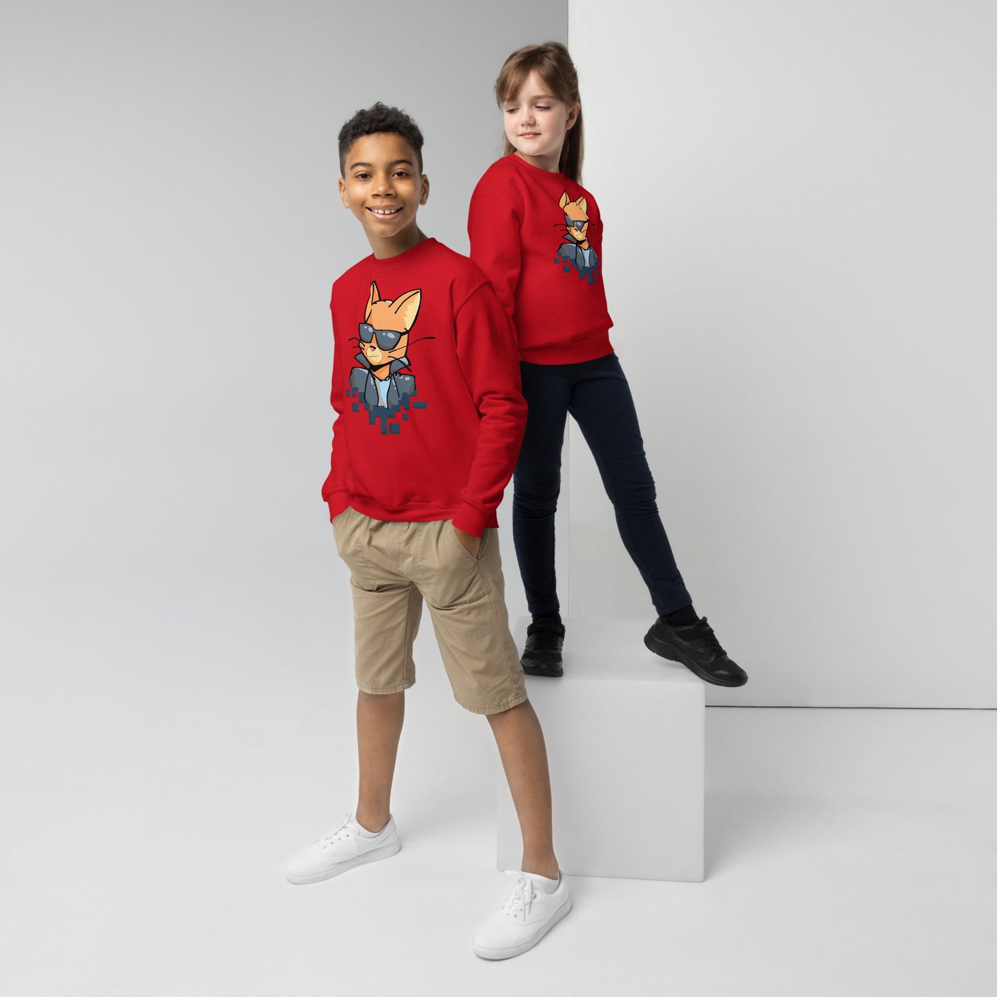 Youth (girl and boy) with red sweatshirt with cool cat