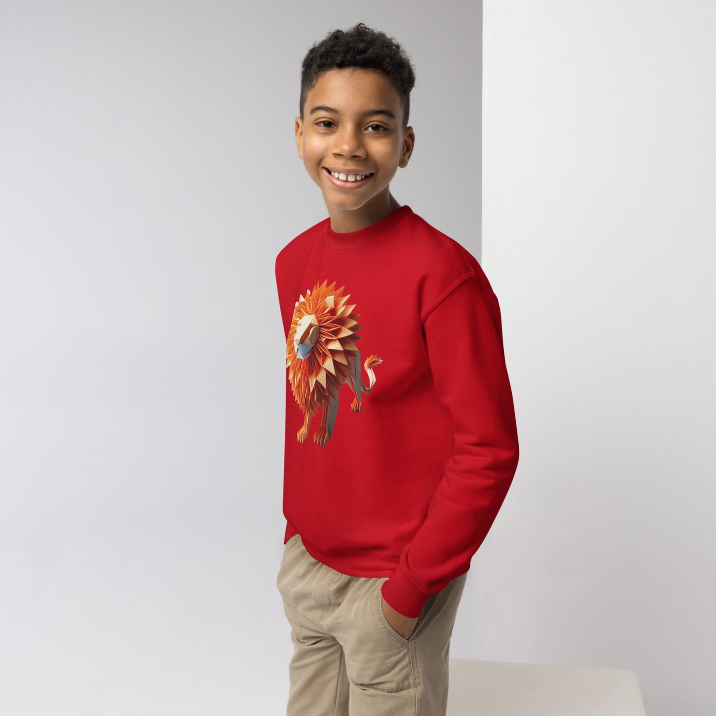 Youth with red Sweater with print of a lion
