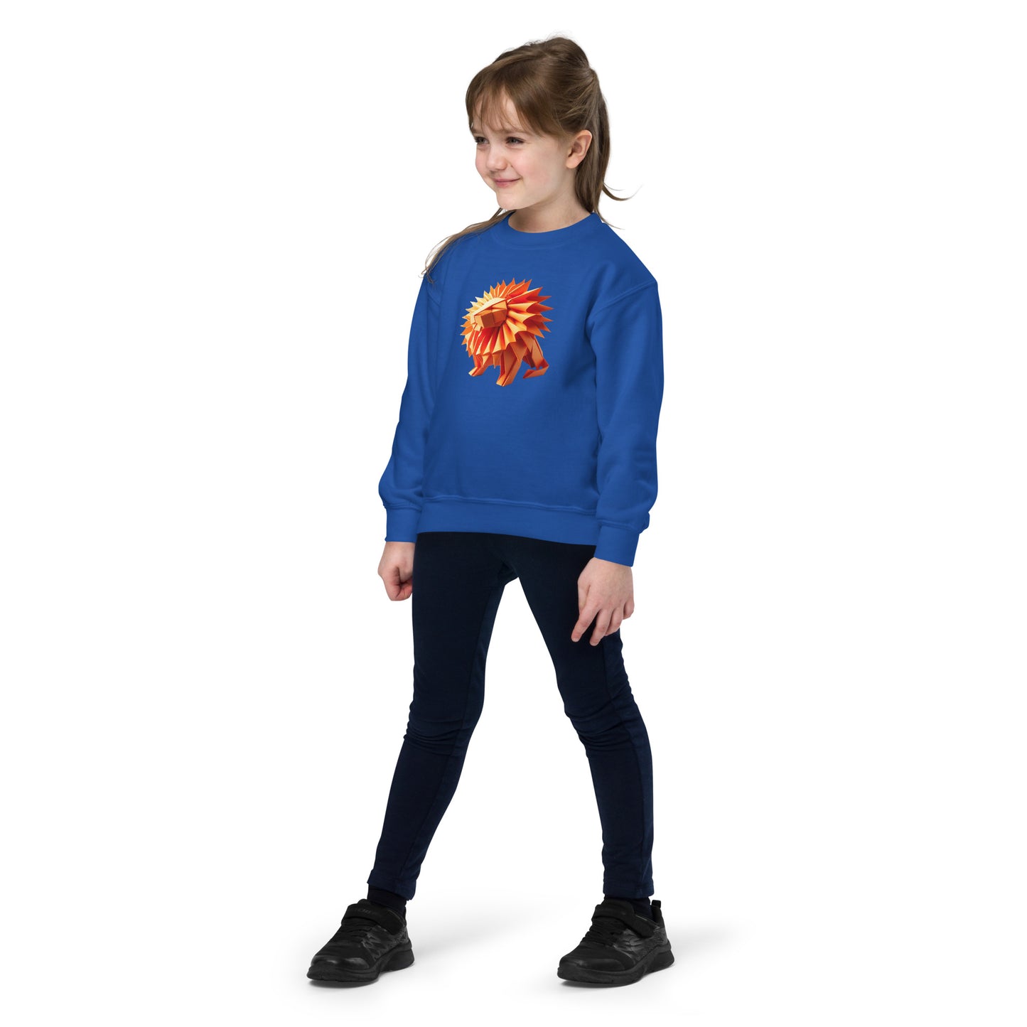 Youth with royal bue sweater with print of a lion