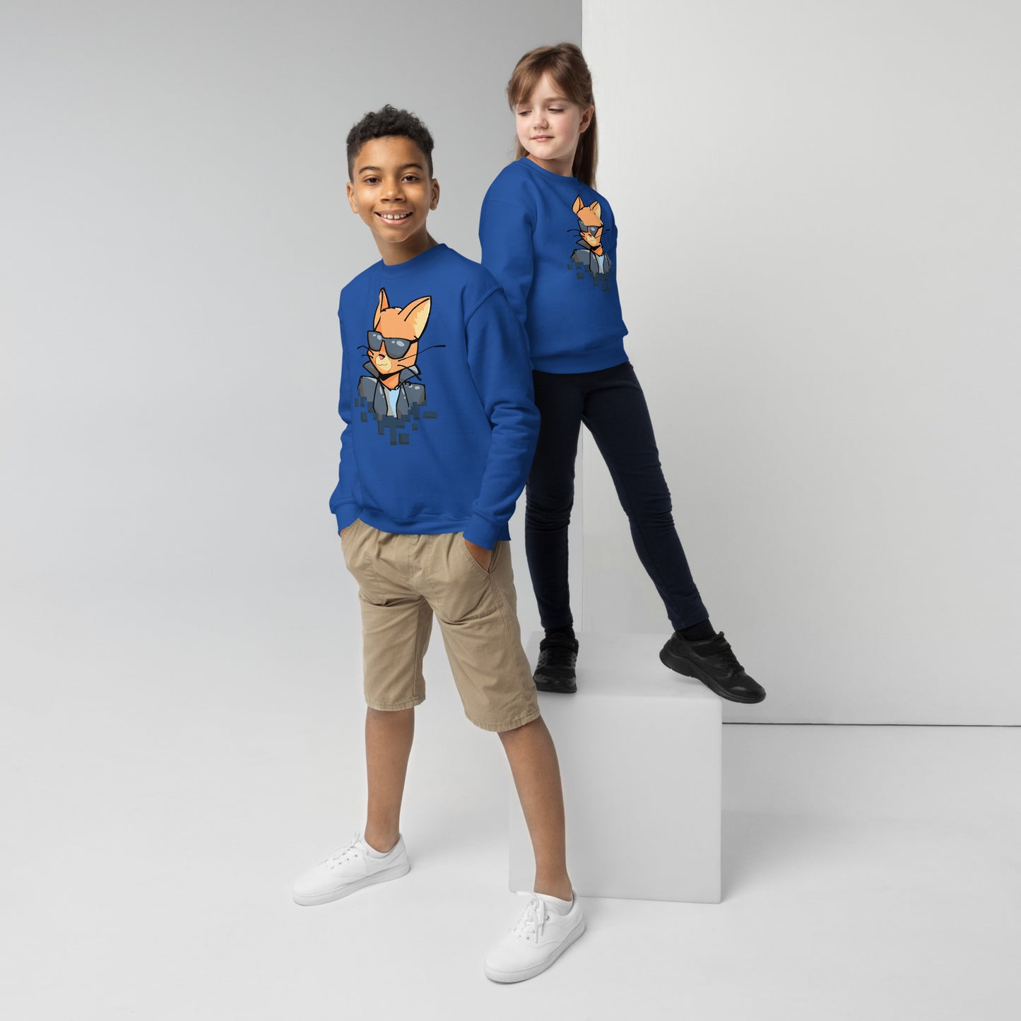 Youth (girl and boy) with royal blue sweatshirt with cool cat