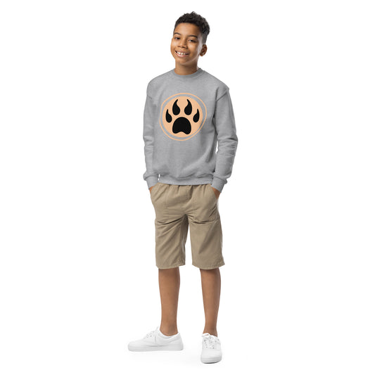 Youth with sport grey sweatshirt and a print of a wolf claw