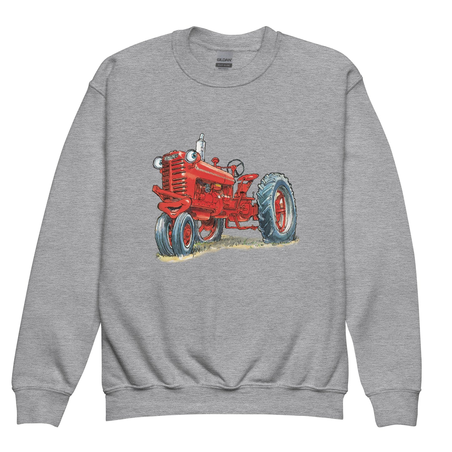 Youth sport grey sweatshirt with a print of a red tractor