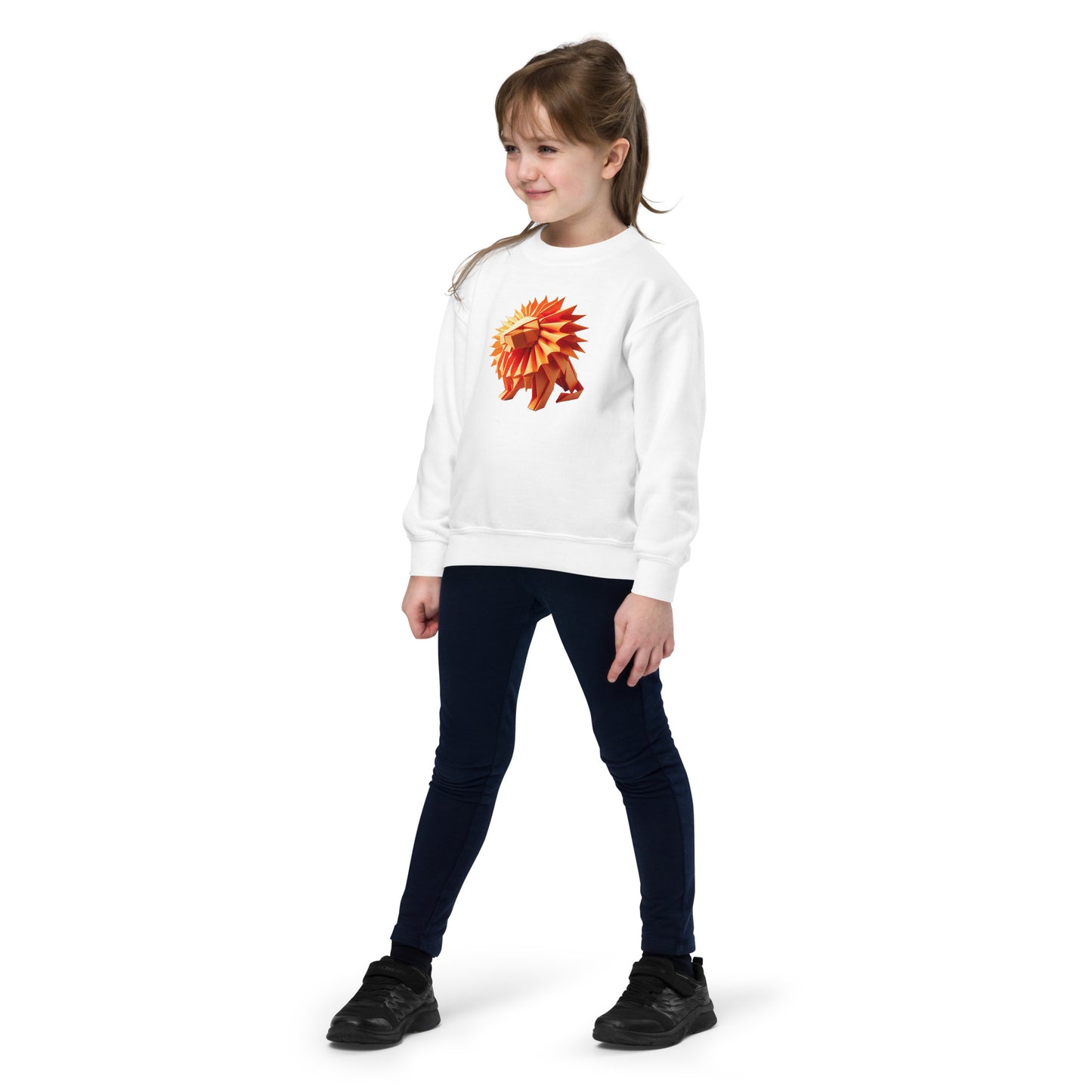 Youth with white sweater with print of a lion