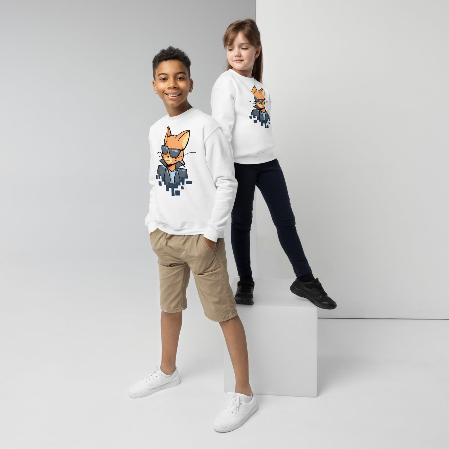 Youth (girl and boy) with white sweatshirt with cool cat