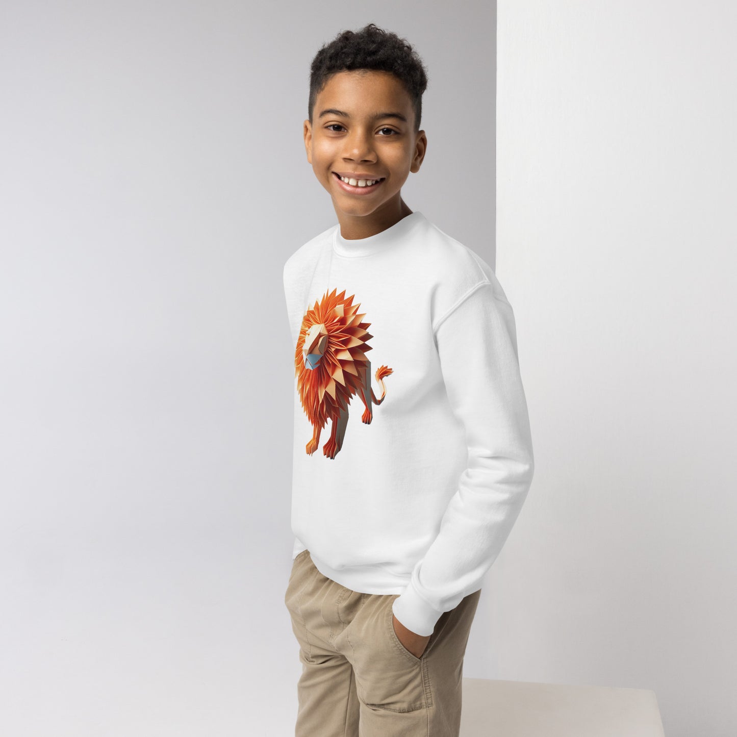 Youth with white Sweater with print of a lion