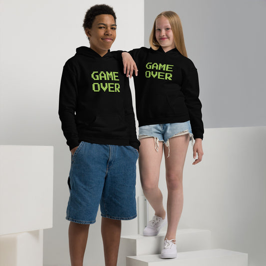 Youth with black hoodie with the text GAME OVER in green