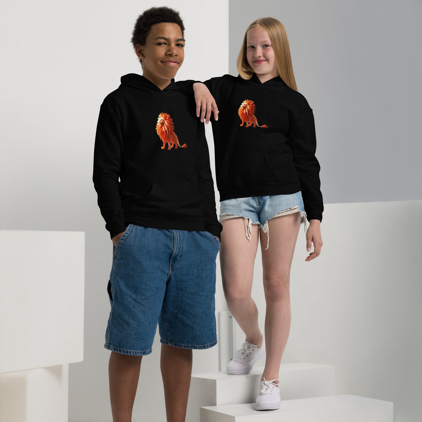 Teenager with a black hoodie with a print of a lion