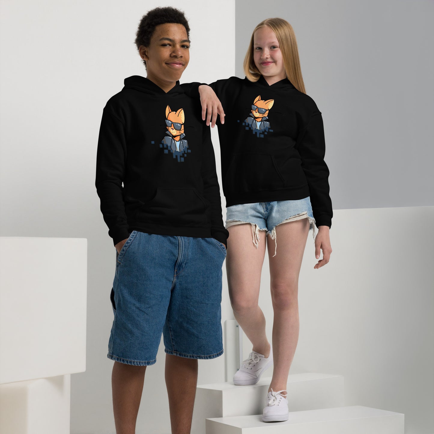 Youth (girl and boy) with black hoodie with cool cat