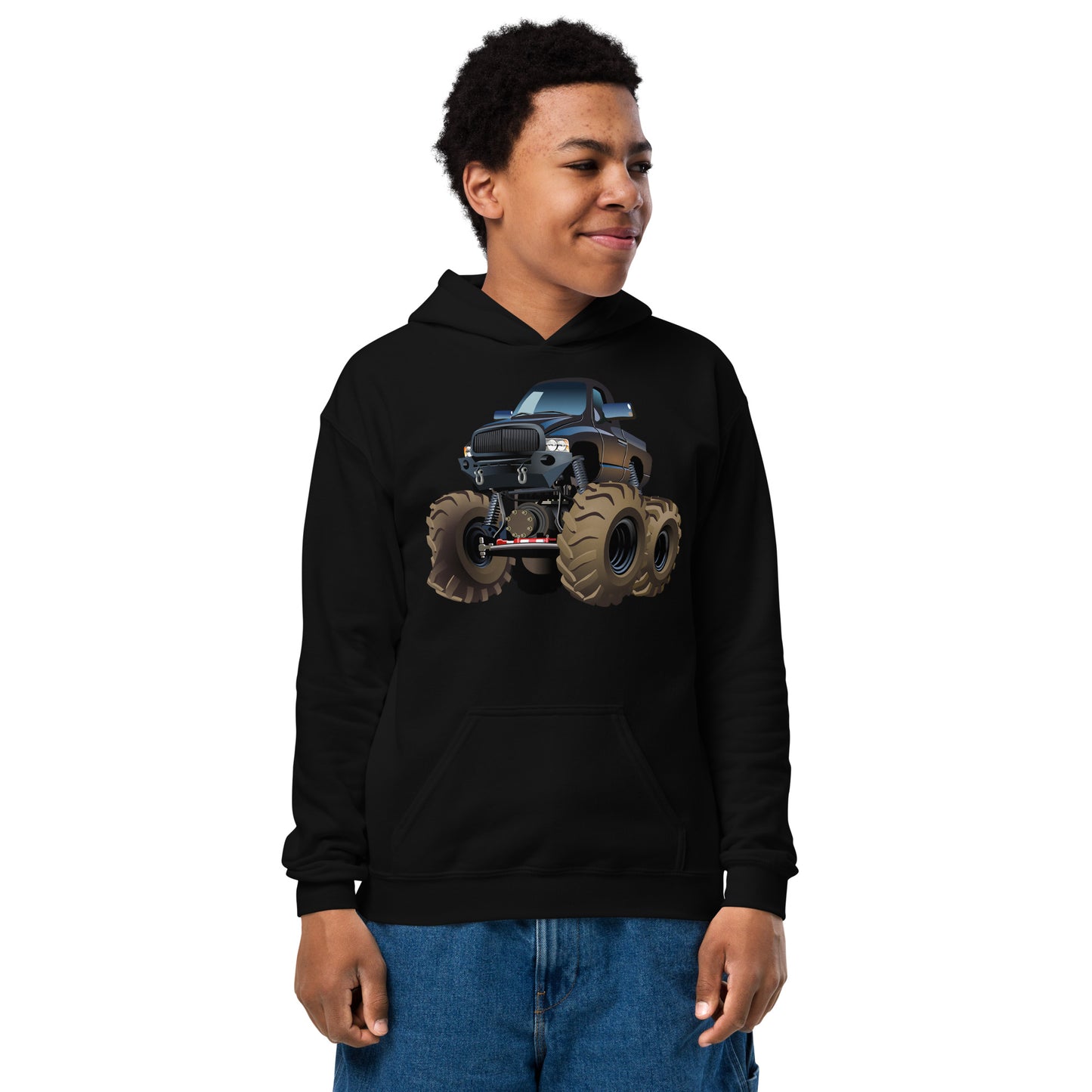 Youth boy with black Hoodie with picture of a monstertruck