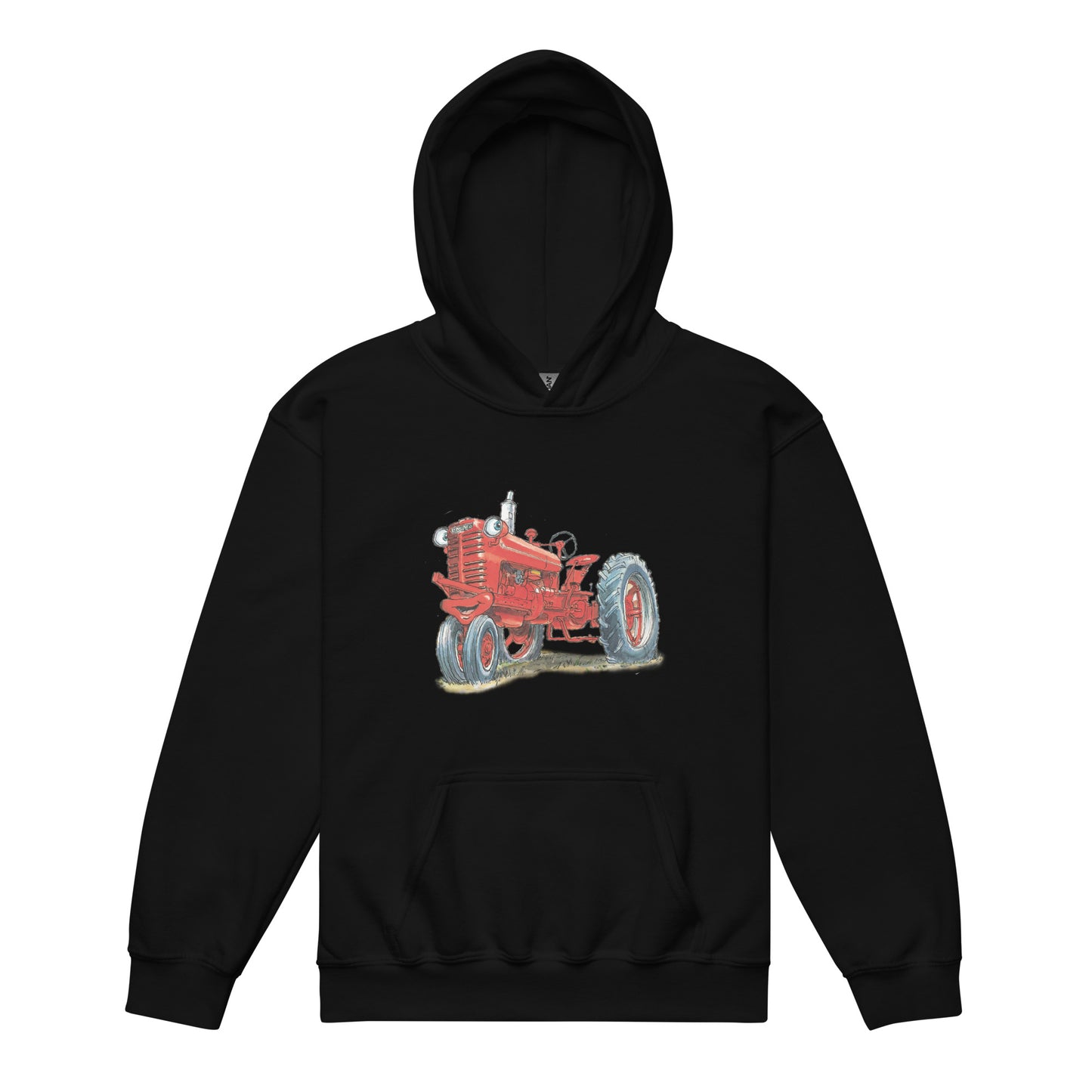 Youth black hoodie with a print of a red tractor