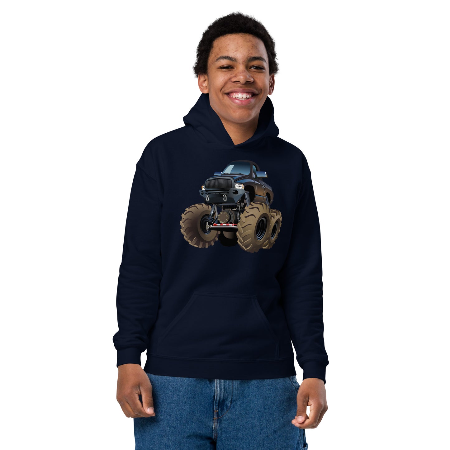 Youth boy with navy Hoodie with picture of a monstertruck