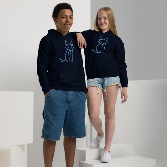 Youth with a navy sweatshirt with a print of a fox in blue