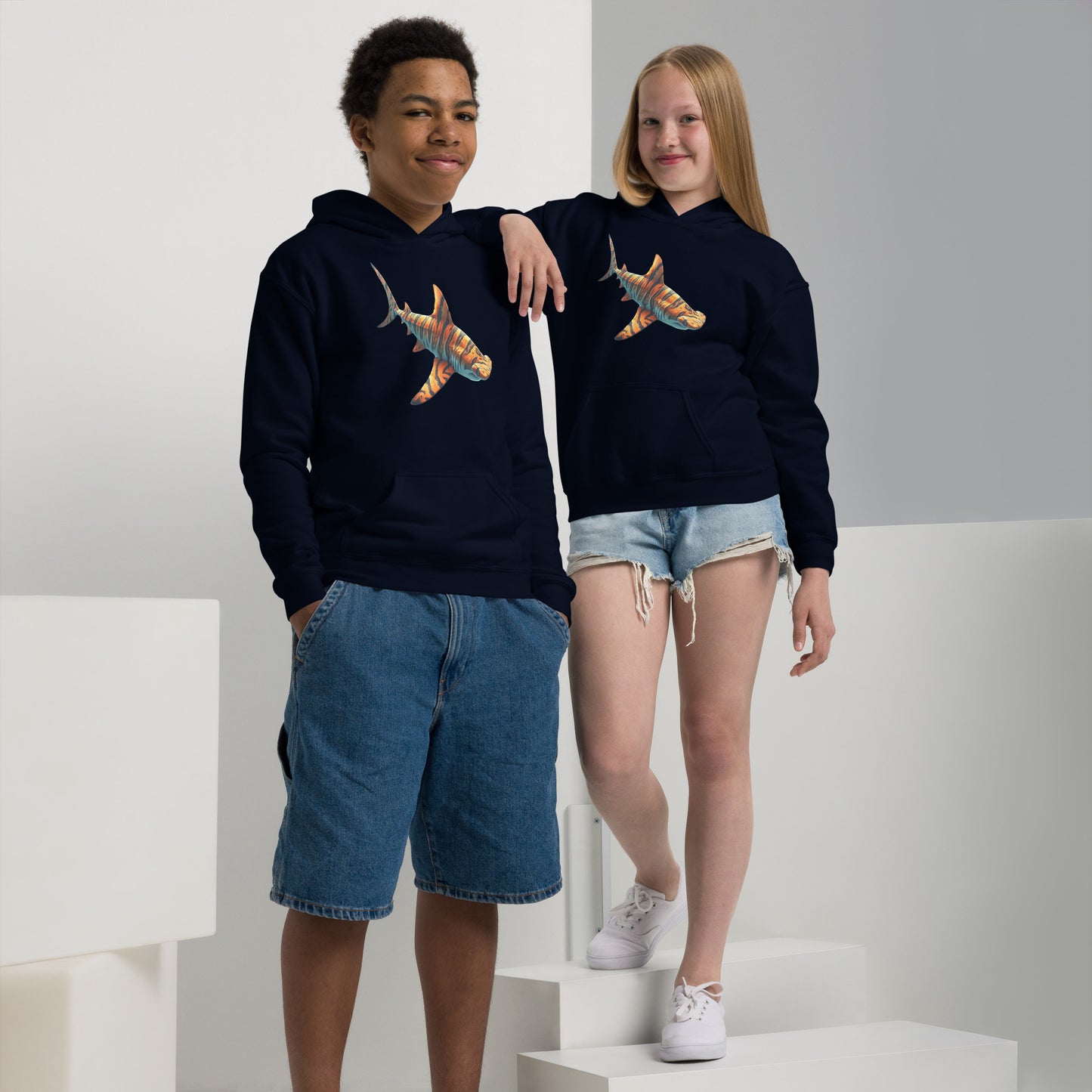 Navy hoodie for boy and girl with a print of a hammerhead sharp