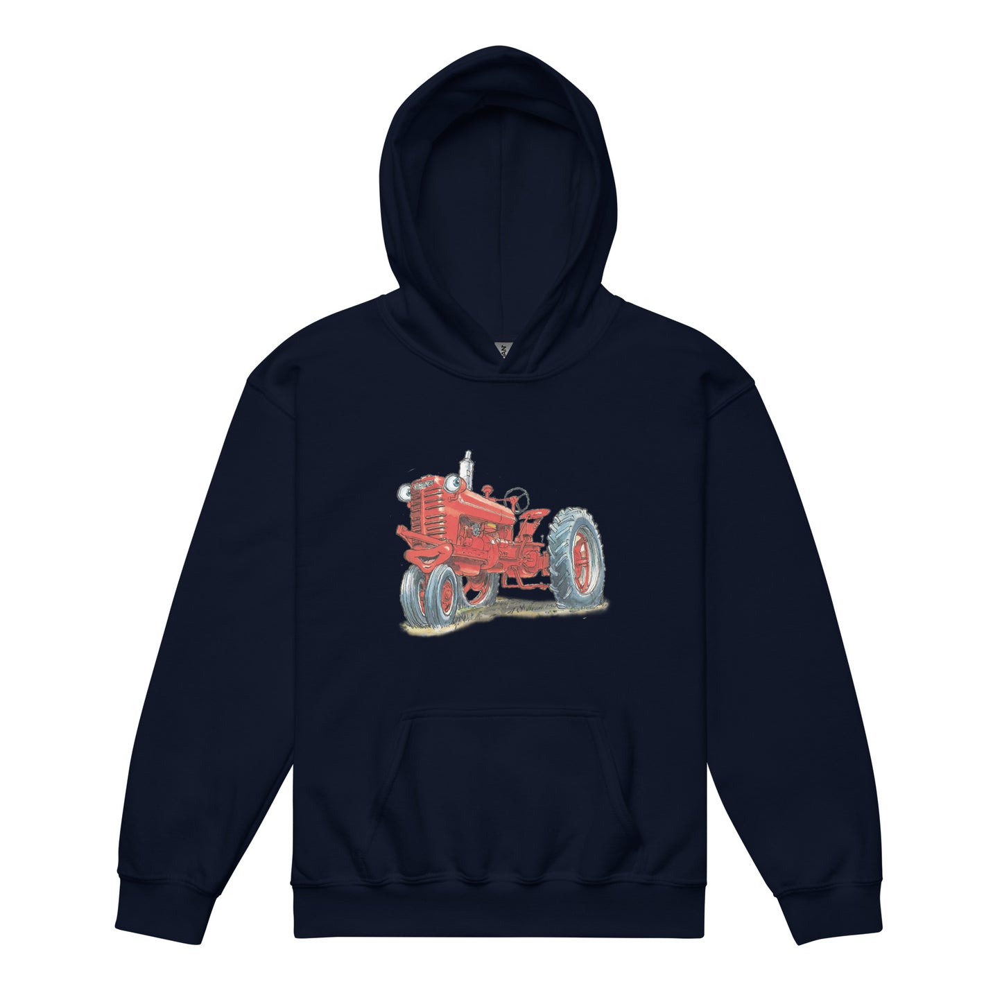 Youth navy hoodie with a print of a red tractor