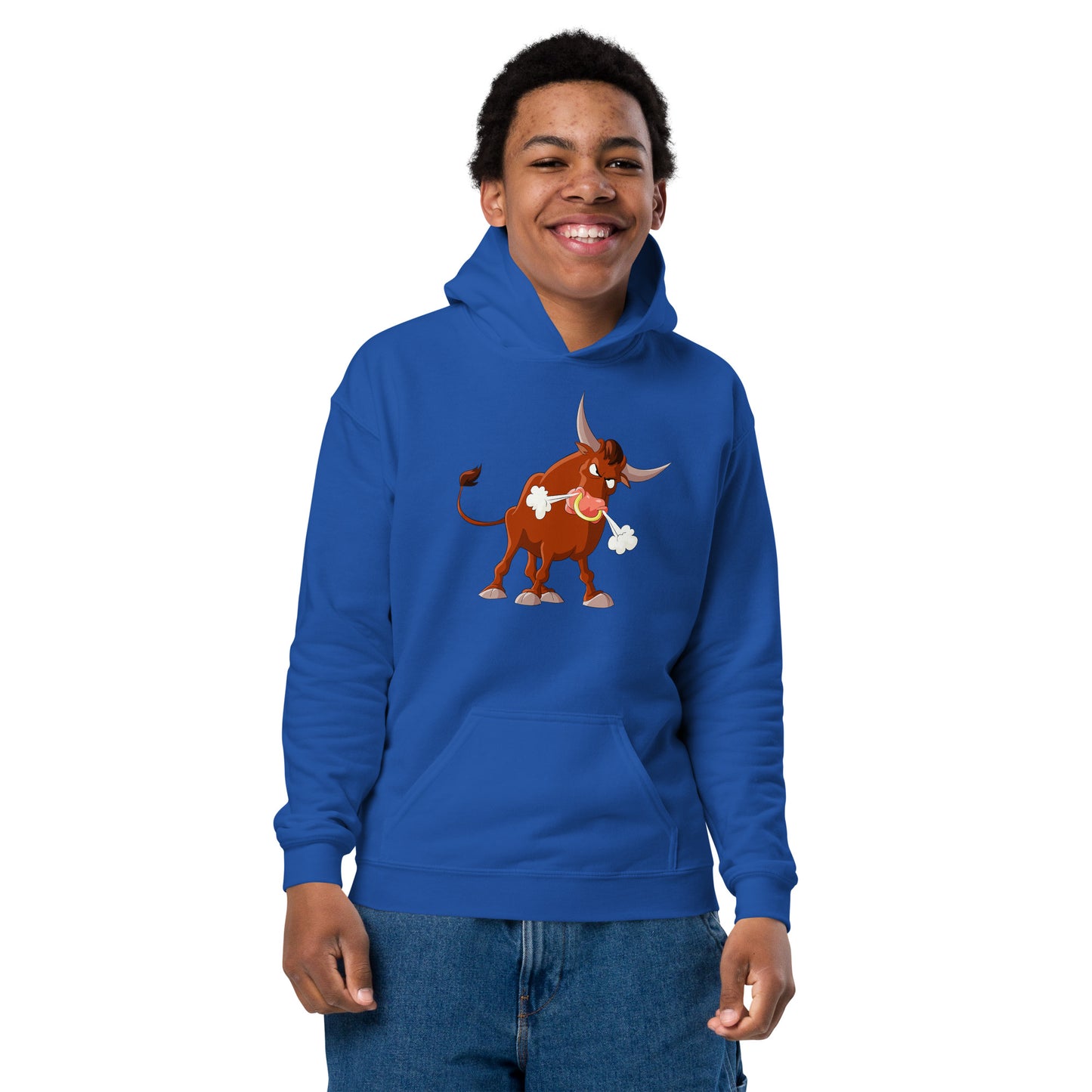 royal blue kids hoodie with bull