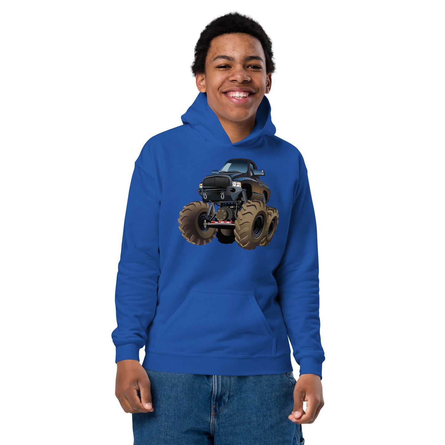 Youth boy with royal blue Hoodie with picture of a monstertruck