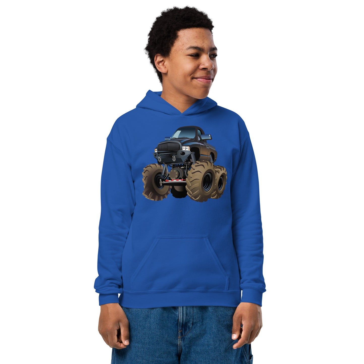 Youth boy with royal blue Hoodie with picture of a monstertruck