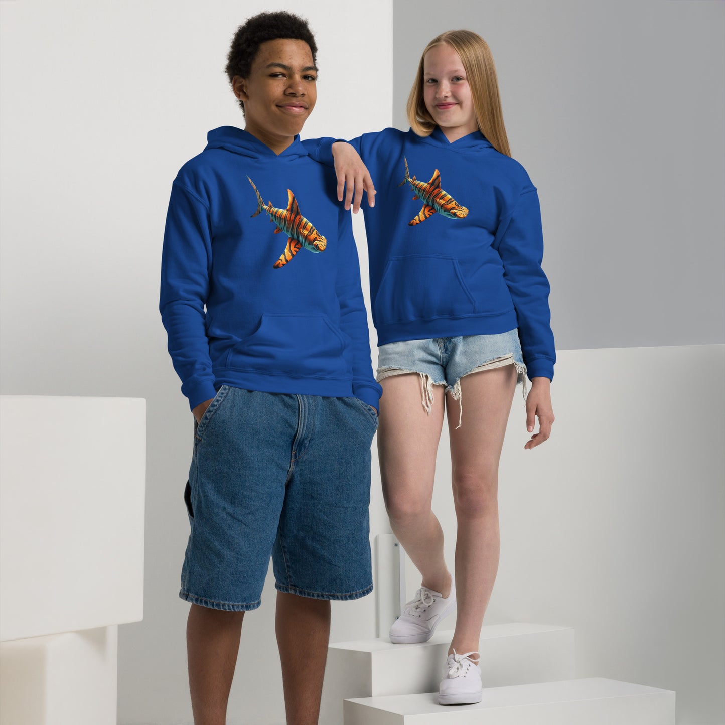 Royal blue hoodie for boy and girl with a print of a hammerhead sharp