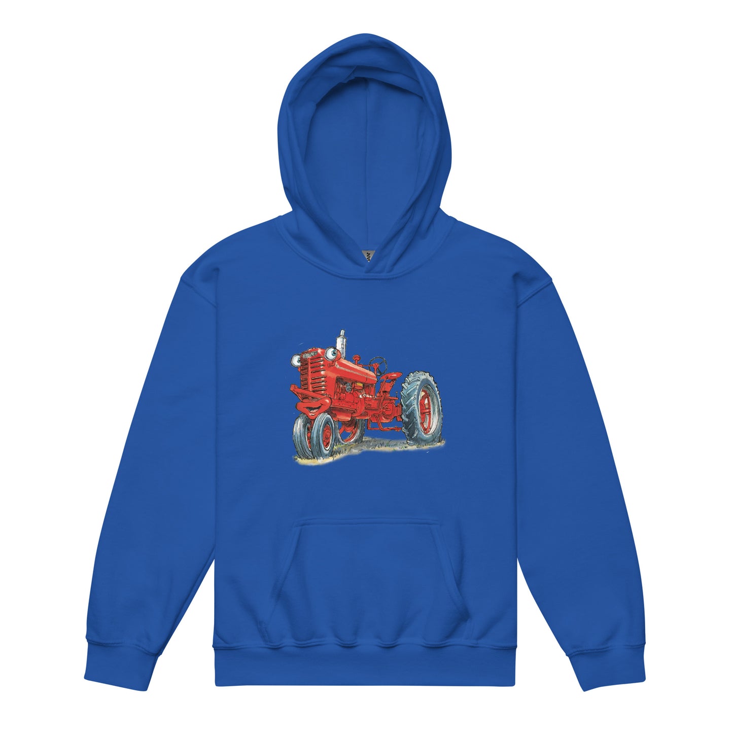 Youth royal blue hoodie with a print of a red tractor