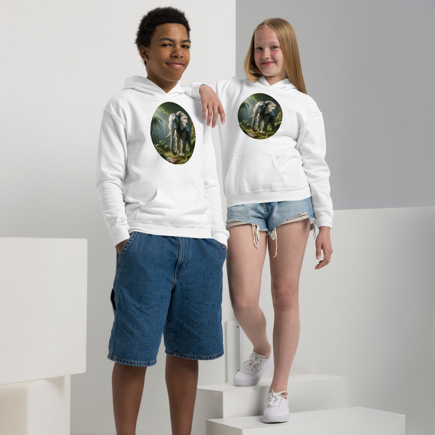 Youth with white hoodie with a print of a Elephant in the woud