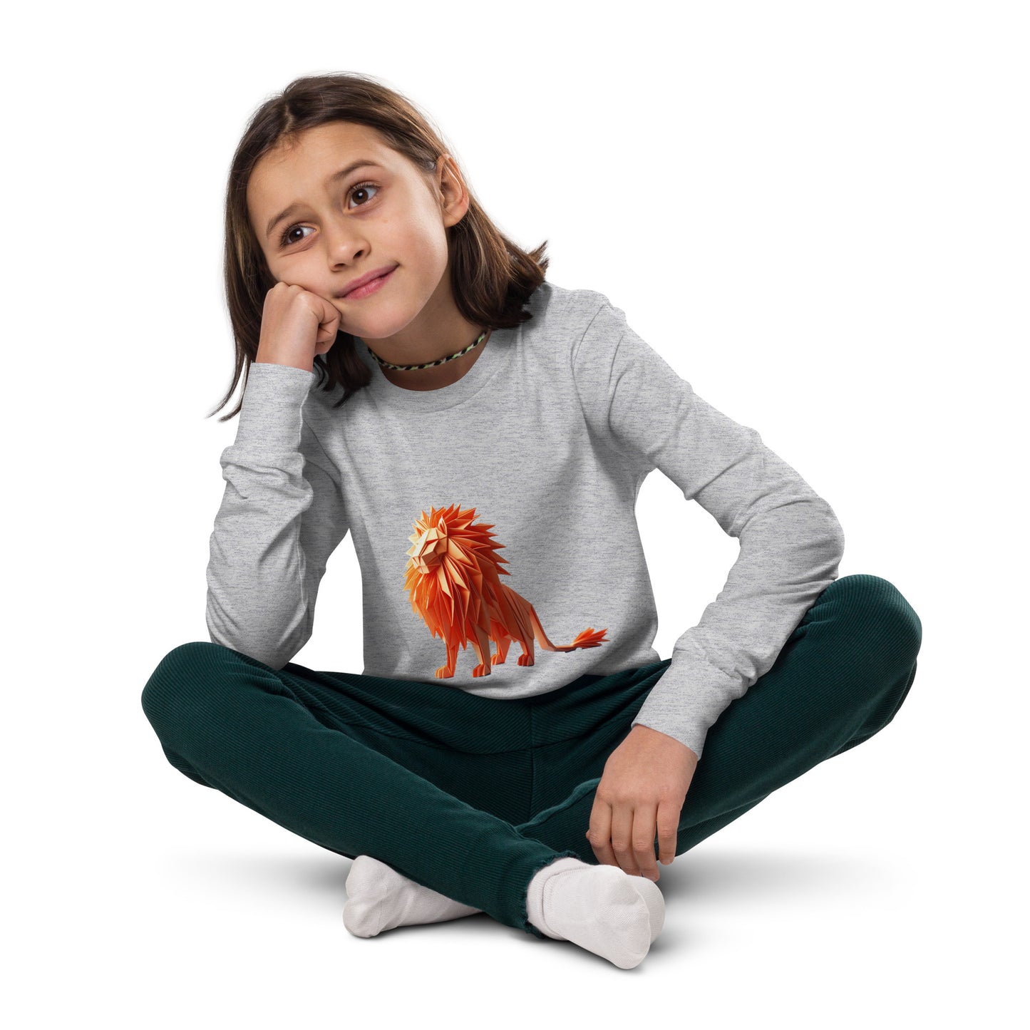Teenager with a grey long sleeve T-shirt with a print of a lion