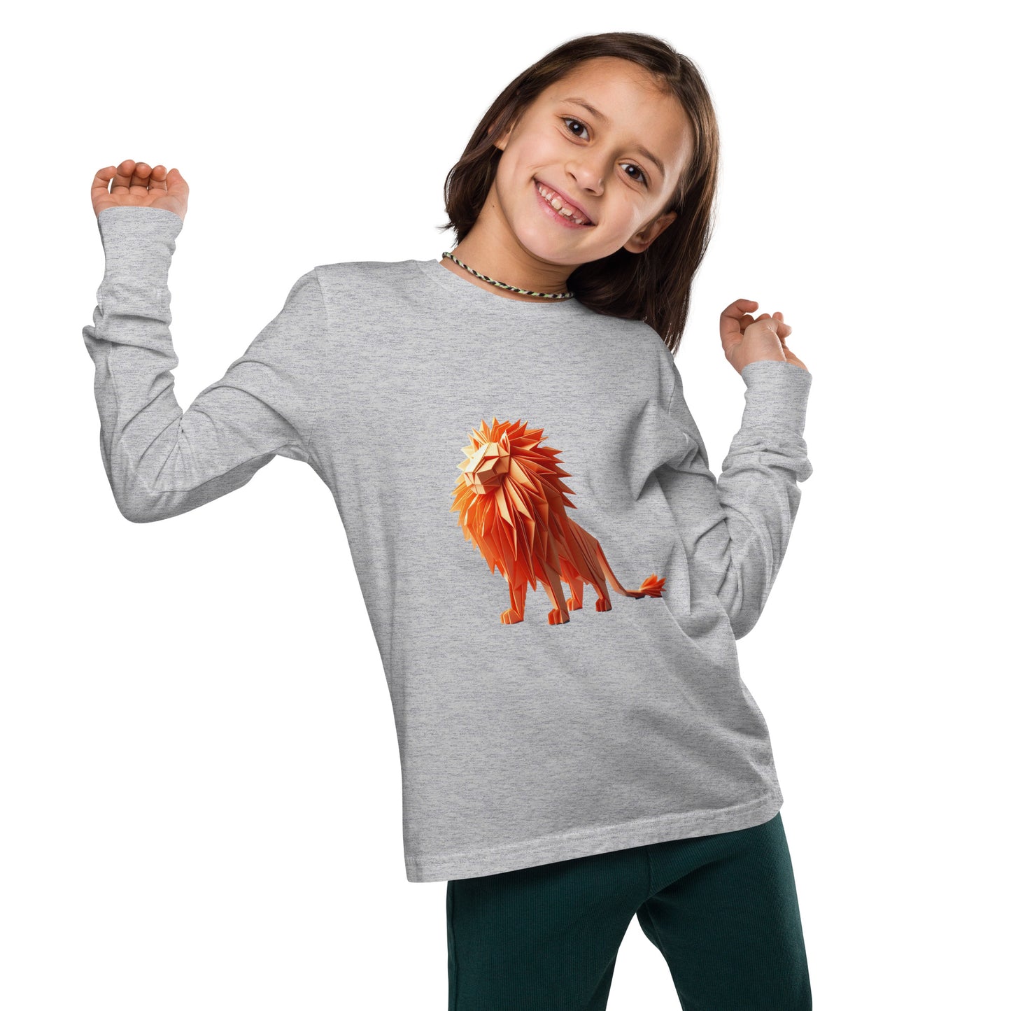Teenager with a grey long sleeve T-shirt with a print of a lion