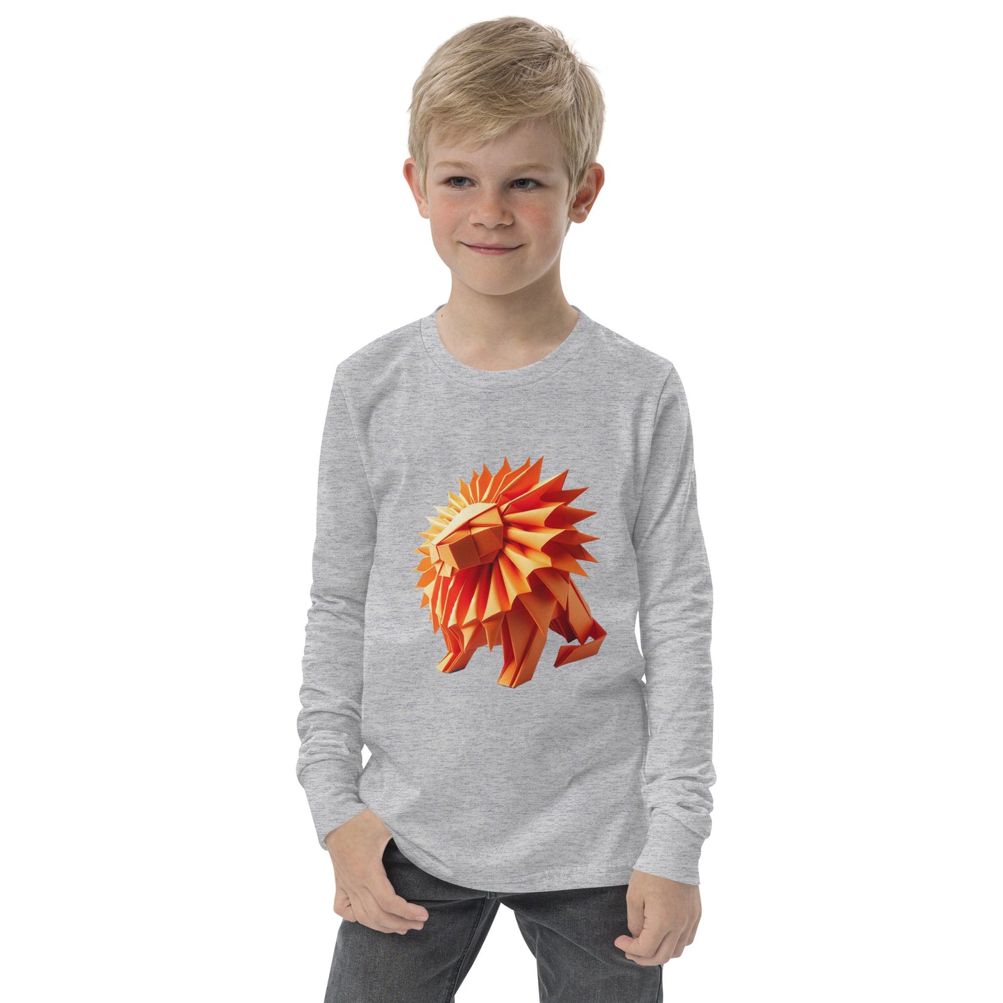 Youth with grey long sleeve T-shirt with print of a lion