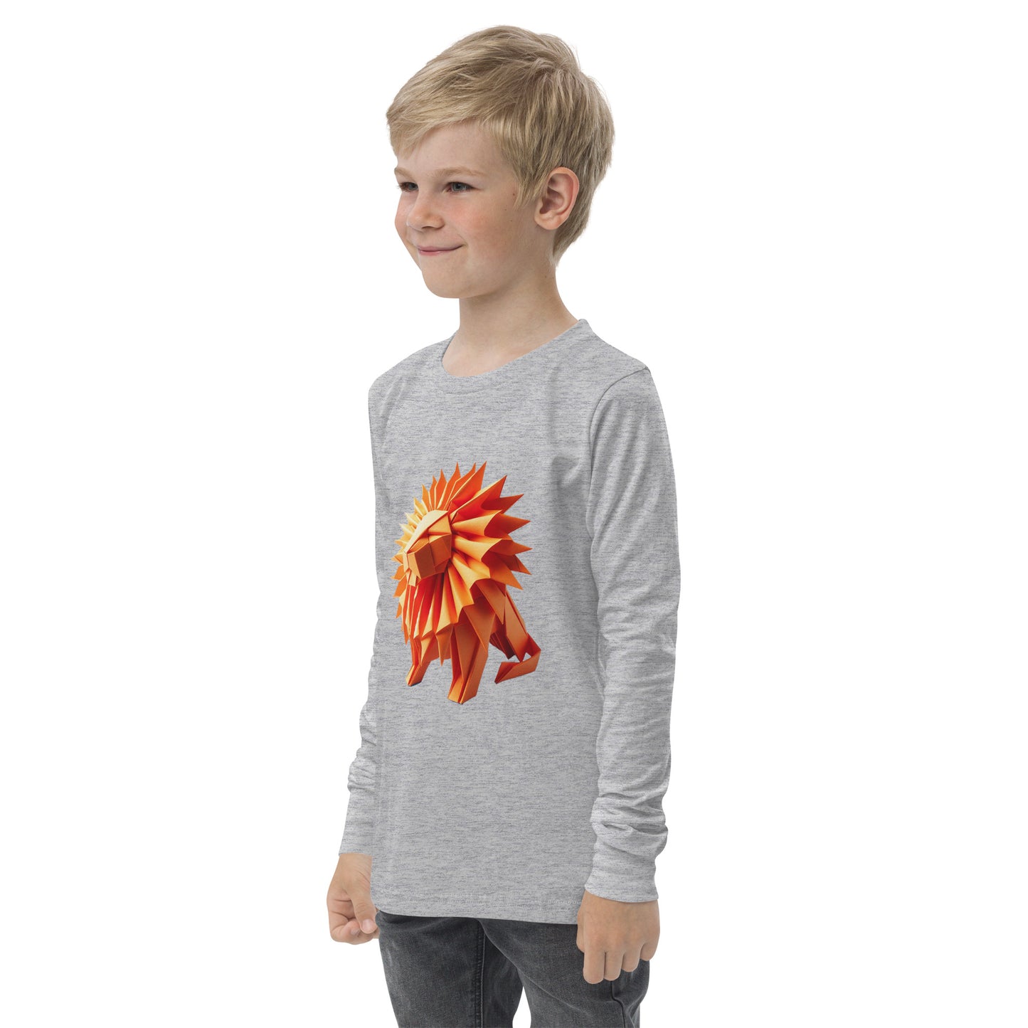 Youth with grey long sleeve T-shirt with print of a lion