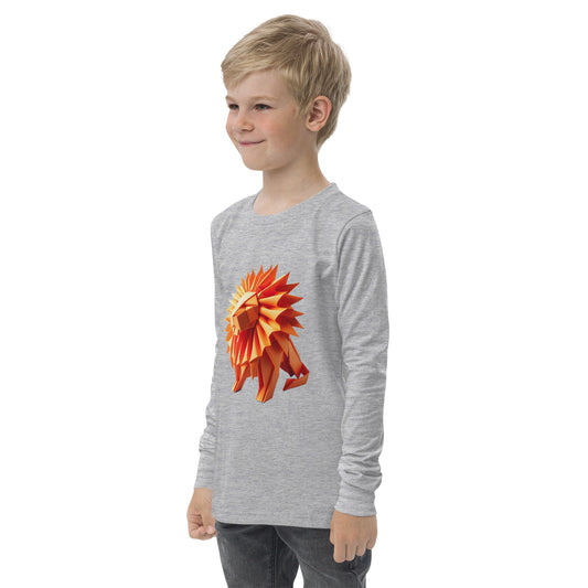 Youth with grey long sleeve T-shirt with print of a lion