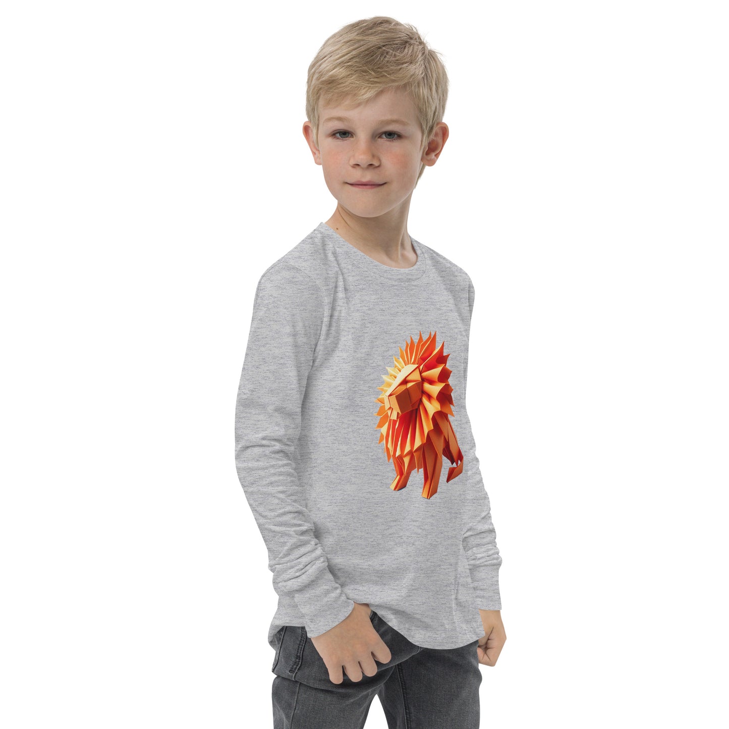Youth with grey long sleeve T-shirt with print of a lion
