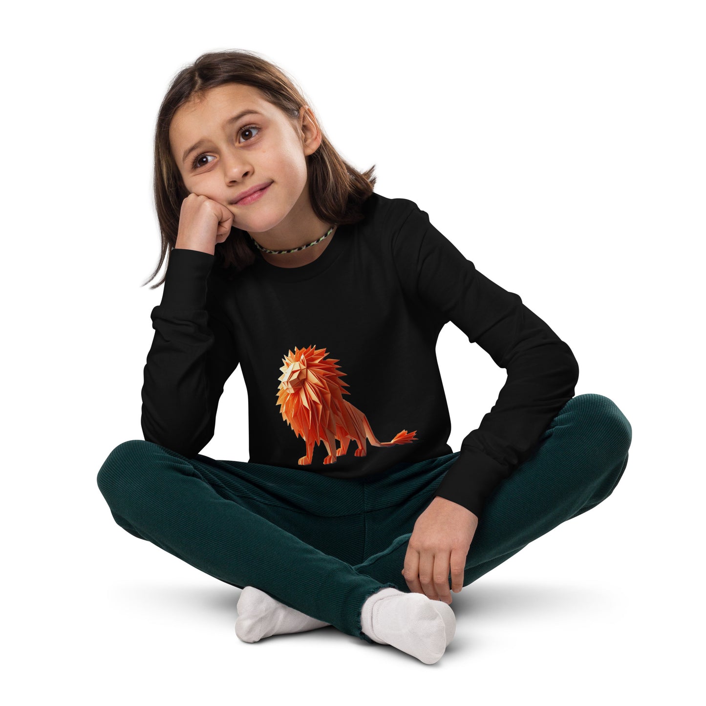 Teenager with a black long sleeve T-shirt with a print of a lion