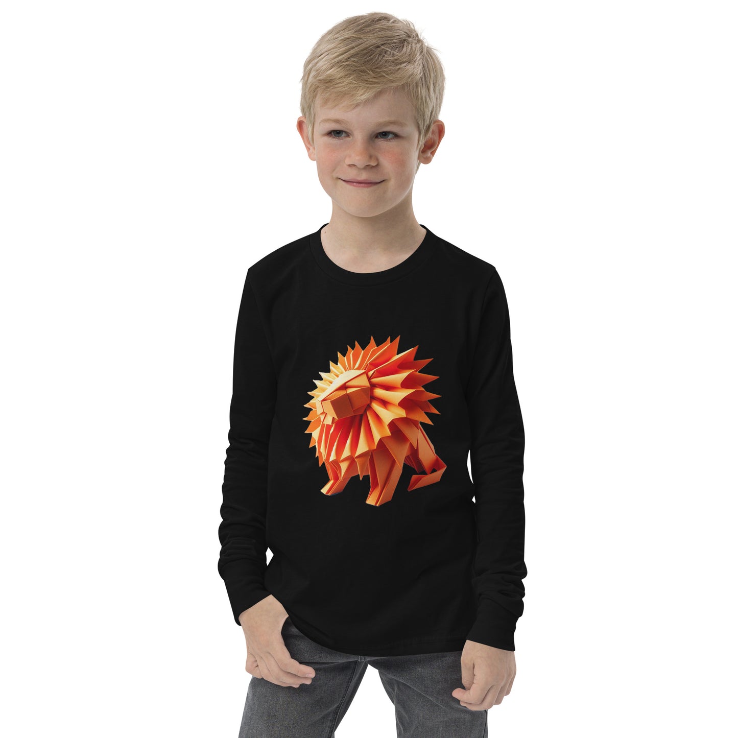 Youth with black long sleeve T-shirt with print of a lion